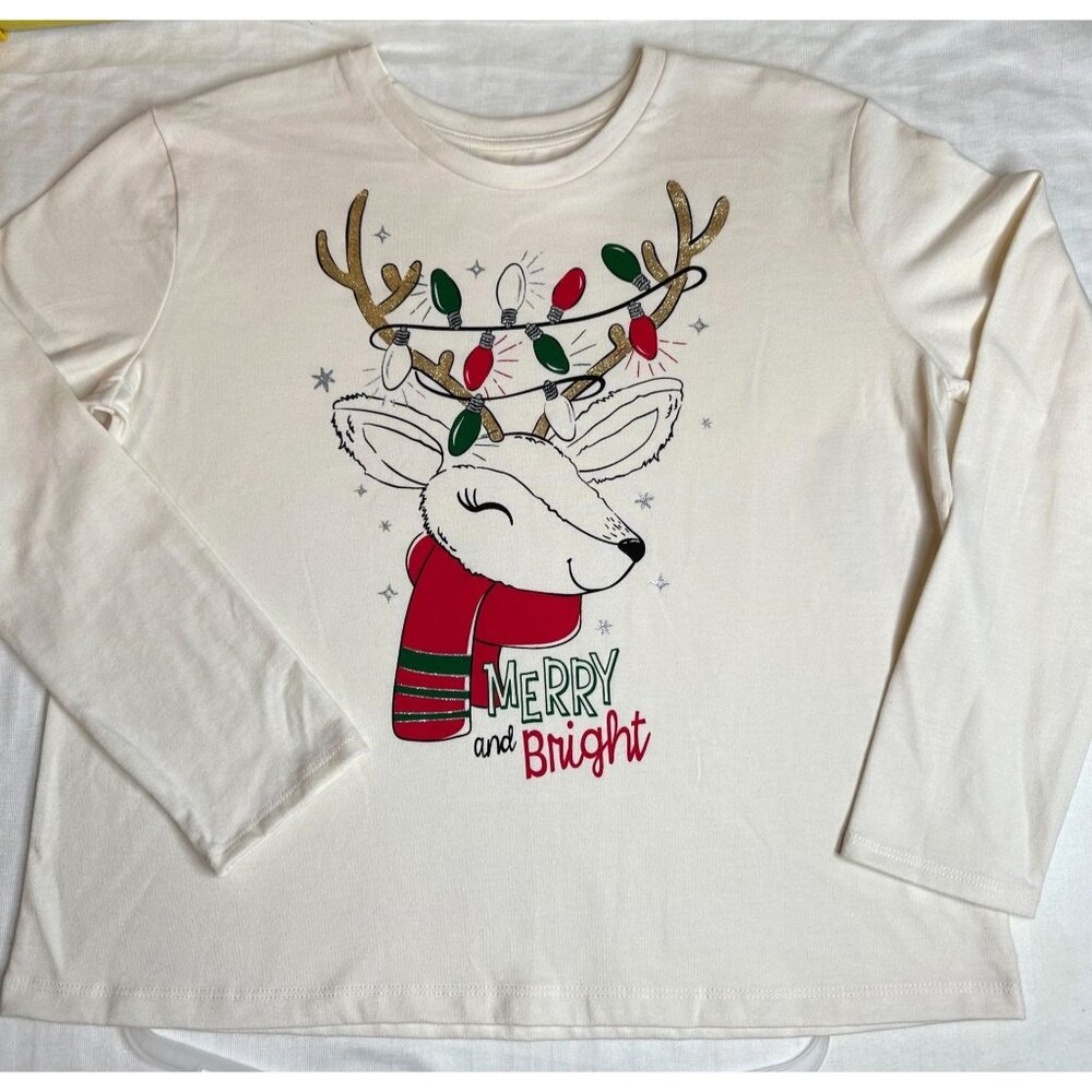 Holiday Time Tee Long Sleeve Christmas Merry and Bright Girls Sizes Large
